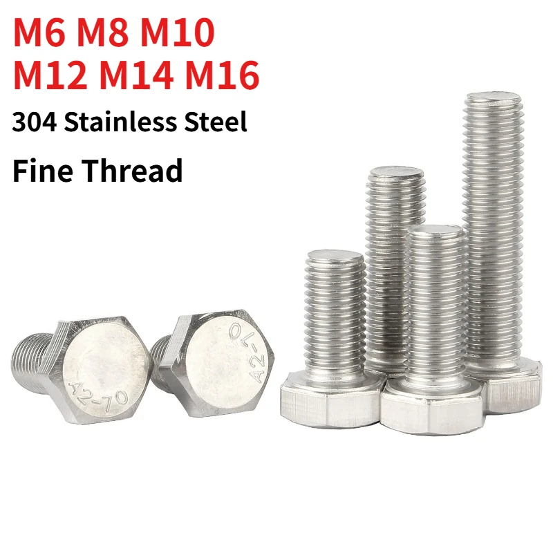 1pcs M6 M8 M10 M12 M14 M16 304 Stainless Steel Fine Thread Hex Head Bolt DIN961 A2-70 Metric Fine Pitch Outer Hexagon Screw