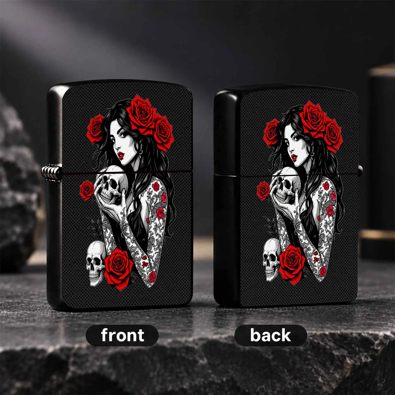 Gothic Red Rose Lady Pattern Lighter, Artistic Sugar Skull Decor Portable Igniter, Unique Dark Aesthetic Cool Stylish Accessory, Ideal For Daily Use Party Camping, Exquisite Creative Present For Friends Family Art Lovers A Humorou And Inter