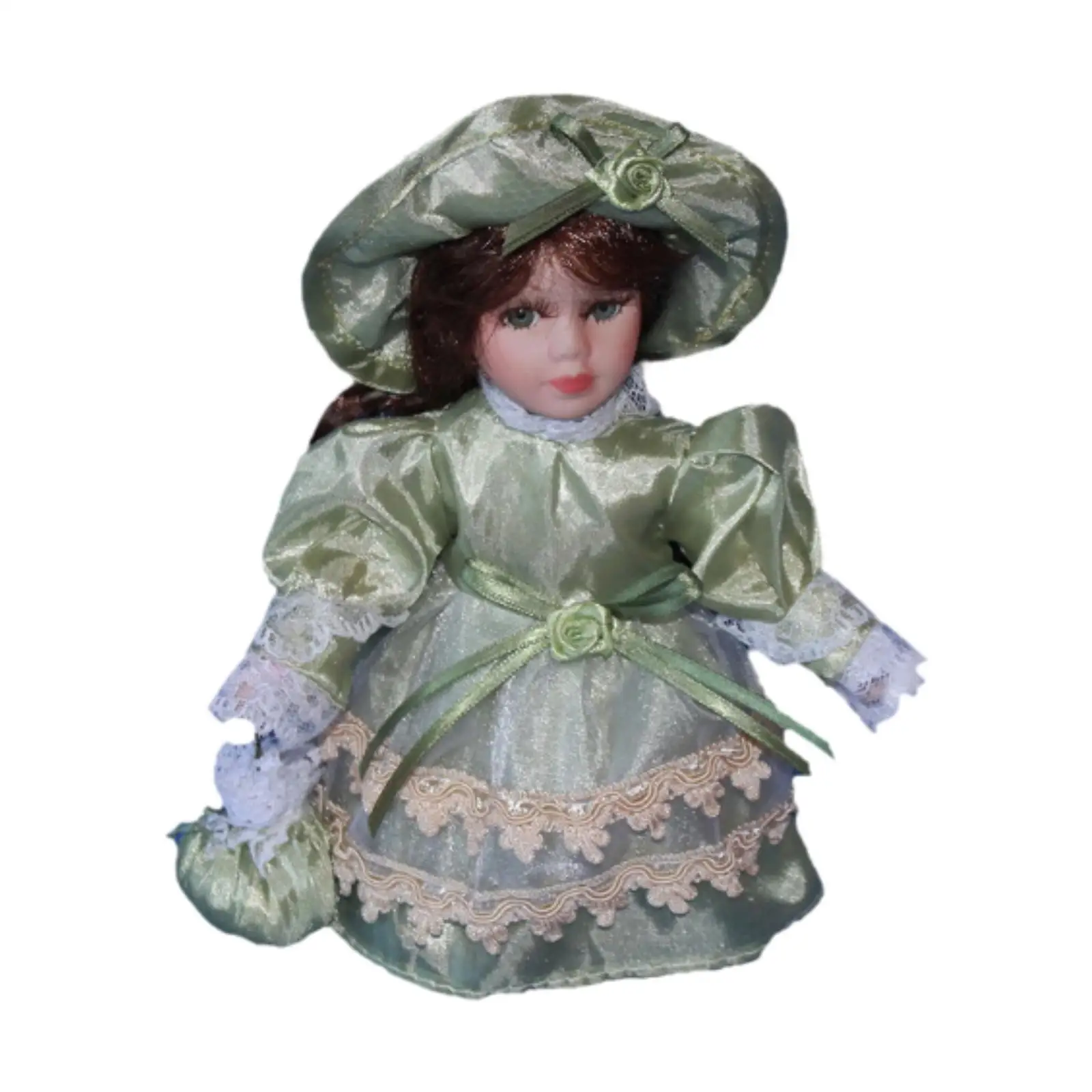 Ceramic Doll in Dress Standing with Dress with Hat and Hair 7.87inch Decorative Ceramic Doll for Home Desk Table Ornament Girls