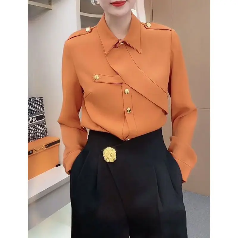 Women Korean Fashion Vintage Elegant Button Shirts Office Lady Asymmetrical Design Blouse Long Sleeve Tops Spring Autumn Blusas