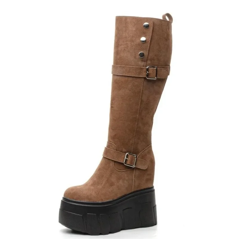 

High Quality14CM Knee Boots for Women Suede Microfiber Genuine Leather High Top Womens Boots Hidden High Wedges Boot Botas Mujer