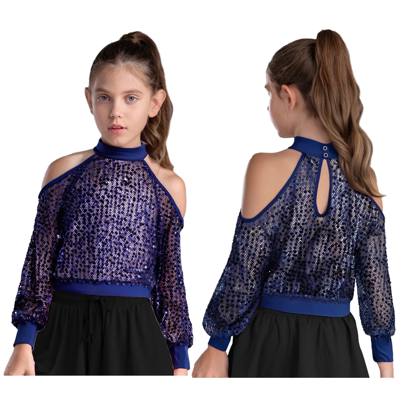Kids Girls Cold Shoulder Hollow Out Mesh Blouse Long Sleeve Shiny Sequins See-Through Crop Top for Hip-hop Jazz Dance Stage Show