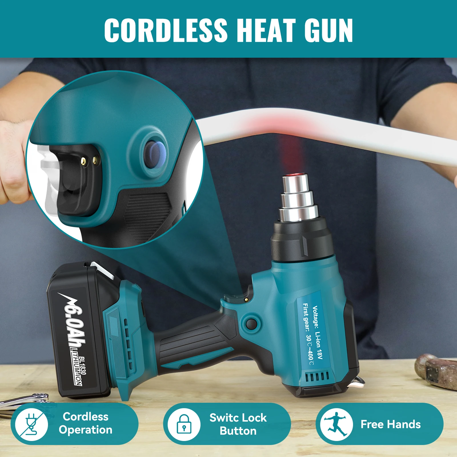 Cordless Heat Gun For Makita 18V Battery Adjustable Temperature 122℉-1022℉ Portable Battery Heat Shrink Gun With 4Pcs Nozzles