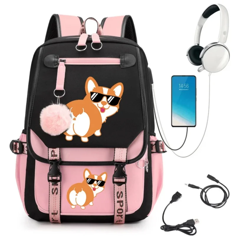 Corgi Butt Print Mochila para Meninas, Sacos de estudante do ensino médio, Carregamento USB Bookbag, Bagpack de viagem, Kawaii Anime Bolsas