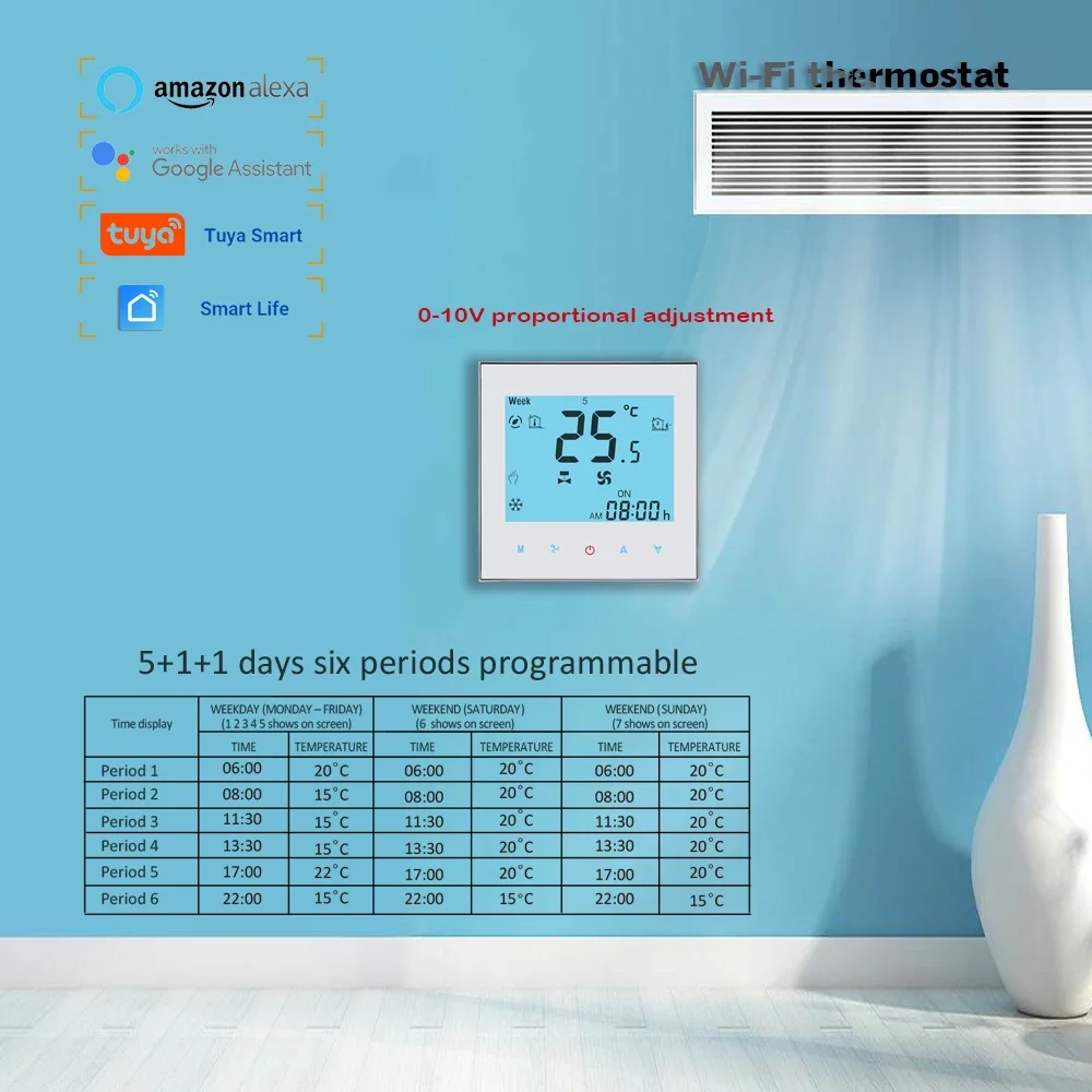0-10V Valve 2P 4P Fan Coil Thermostat Tuya WiFi Heating and Cooling Thermostat Works with Alexa Google Home