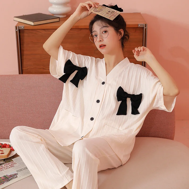 Summer new style pajamas women's cardigan short sleeved trousers casual thin large student home clothes can be worn outside