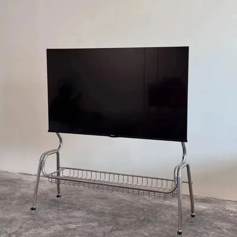 Stainless Steel TV Stand with Storage Basket & Wheels, Universal 32‑75 Inch TV Bracket for Living Room Bedroom Office