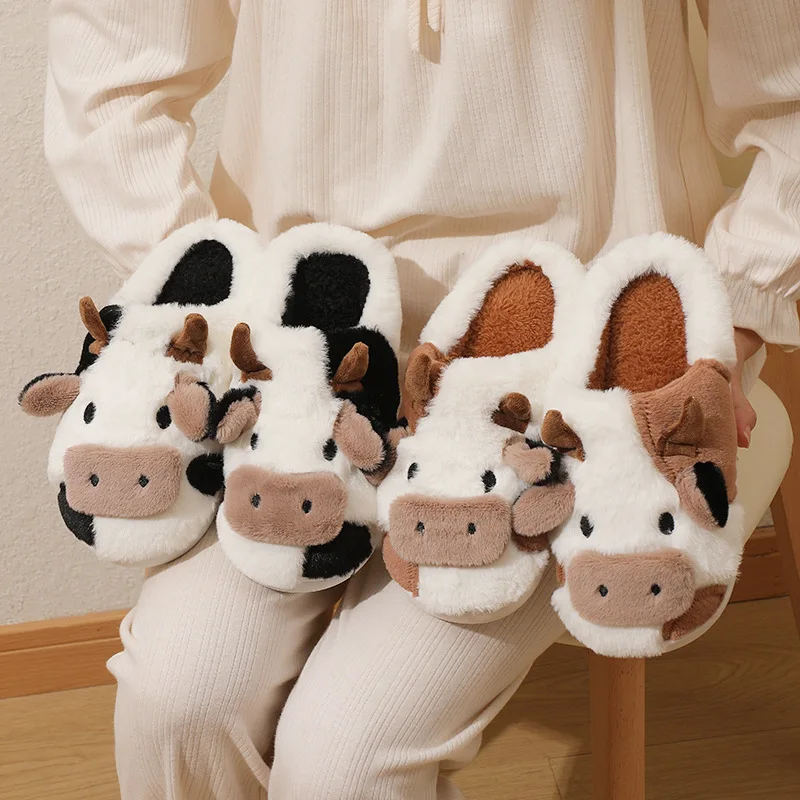 Hot Winter Unisex Cartoon Cow Warm Plush Slippers Couple's Indoor Non-slip House Mule Men And Women Toe Wrap Home Cotton Shoes