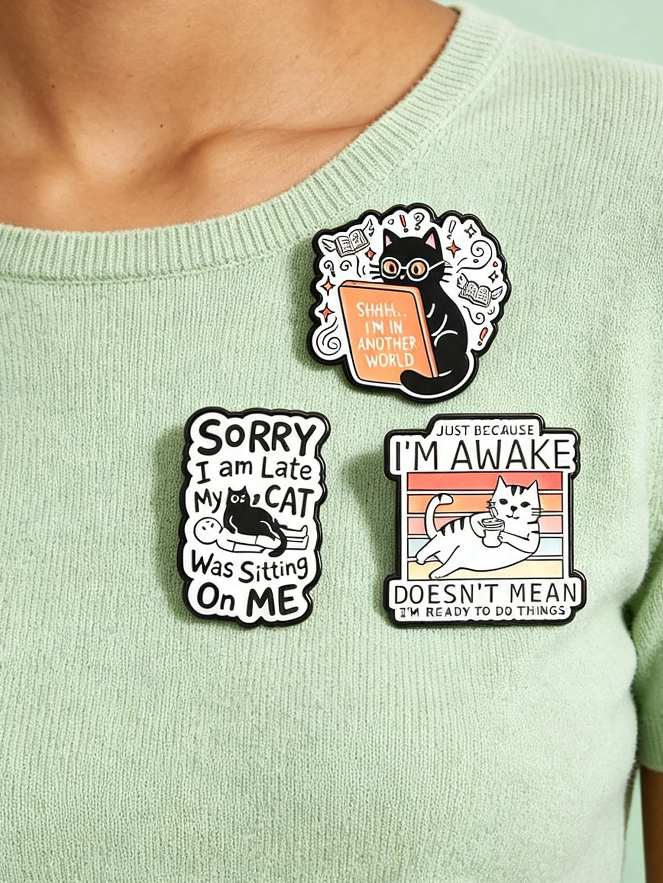 Humorous Phrase Cartoon Cat Enamel Brooch Pins Pet Animal Quote Lapel Pin Accessories