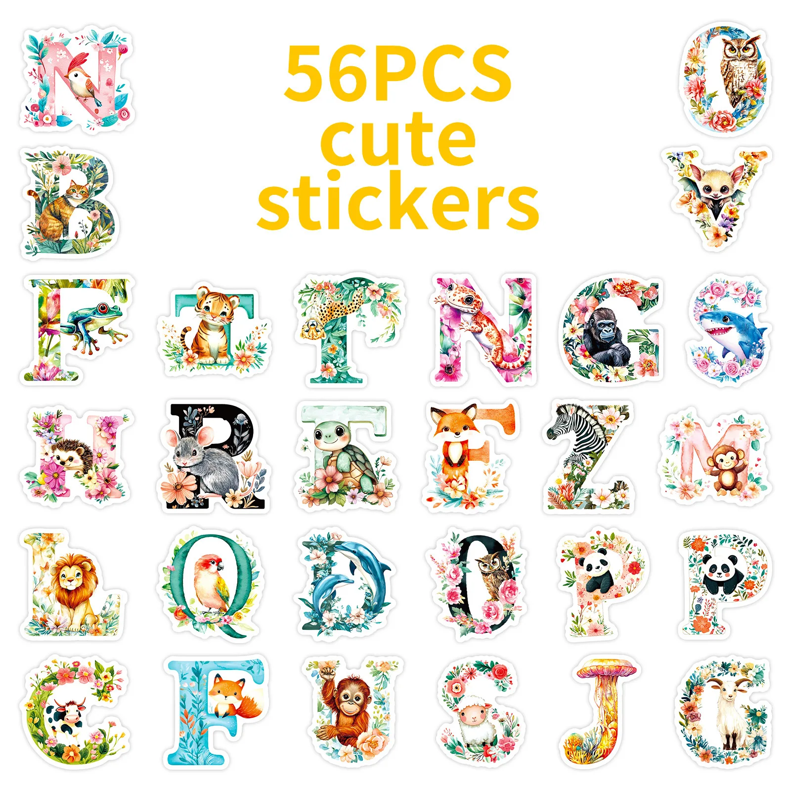 สติกเกอร์ตัวอักษรลายดอกไม้สัตว์น่ารัก 56 ชิ้น สไตล์สีน้ำ สติกเกอร์ตกแต่งตัวอักษรภาษาอังกฤษแบบสร้างสรรค์