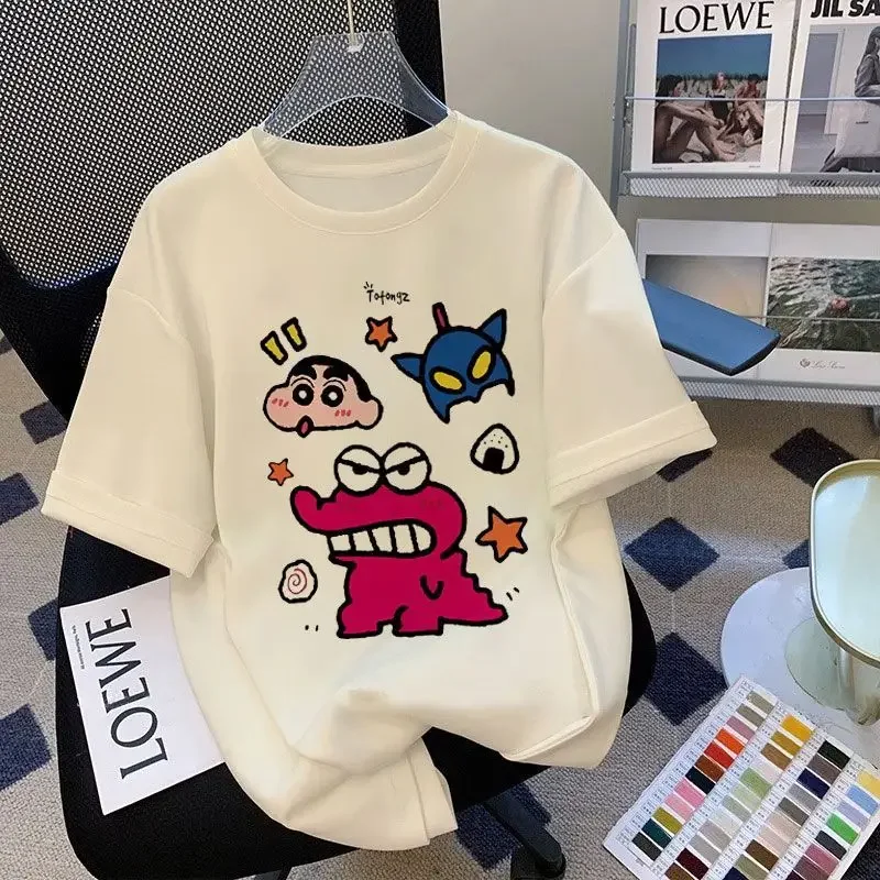 Camiseta de manga corta con estampado japonés de algodón puro 100% Crayon Shin Chan para mujer, novedad de verano, Top holgado Crayon Shin Chan