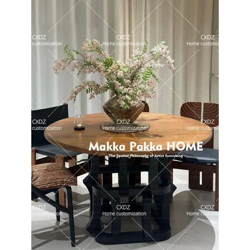 Medieval Retro Round Solid Wood Dining Table Creative Household Log Style Light Luxury High End Art Round Table