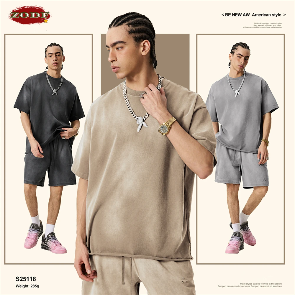 ZODF Retro 2025 Men Monkey Washed 285gsm Cotton T-Shirts Unisex Oversized Loose Edge Distressed T Shirt Brand Tops HY1009