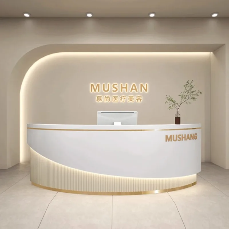 ديكور مكتب الاستقبال الحديث، مكتب الاستقبال، عيادة، مكاتب الاستقبال البيضاء المقوسة، صالون التجميل، أثاث Mostrador De Tienda #4