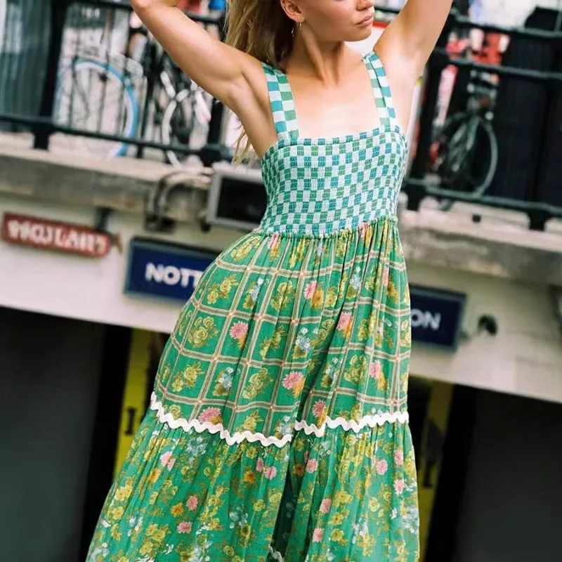 Women Floral Print Bohemian Vacation Dress Sexy Strap Backless Elastic Waist Corset Ruffle Boho Holiday Long Dress Streetwear