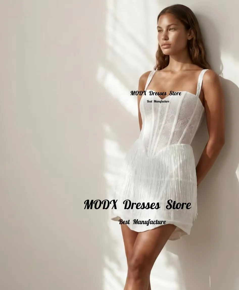 MODX Sexy White Lace Corset Mini Dress with Fringe Detail Spaghetti Strap Bodycon Short Evening Gown for Bachelorette Party Club