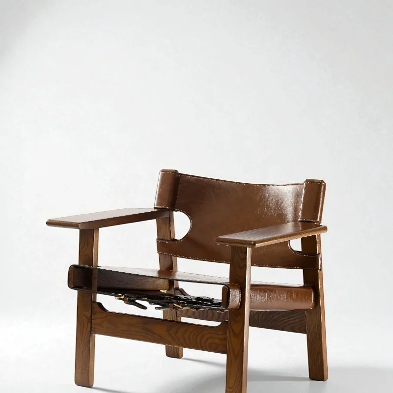 

Nordic Medieval Spanish Chair Solid Wood Chair Single Lazy Living Room Leather Sofa Chair