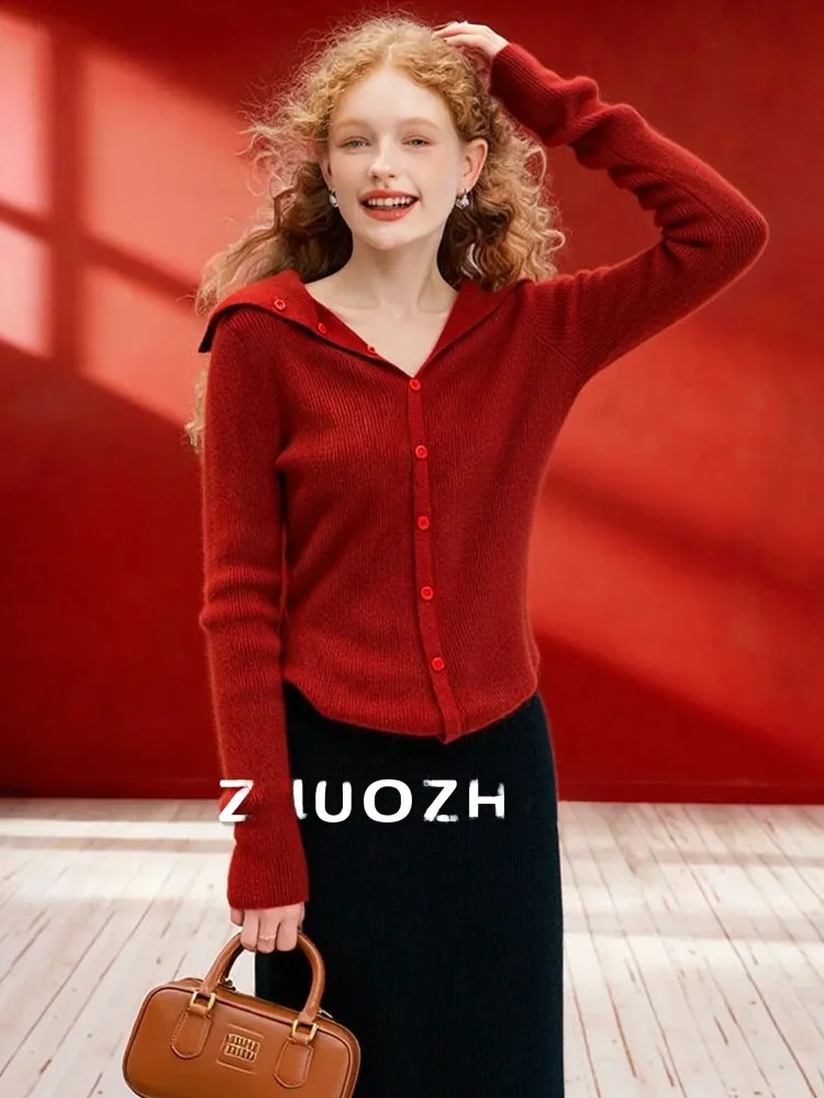 

Женский вязаный свитер ZhuoZhi с пуговицами, приталенный, красный, на Новый год, с фактурной вязкой, осенняя новинка, повседневный, во французском стиле, с длинными рукавами