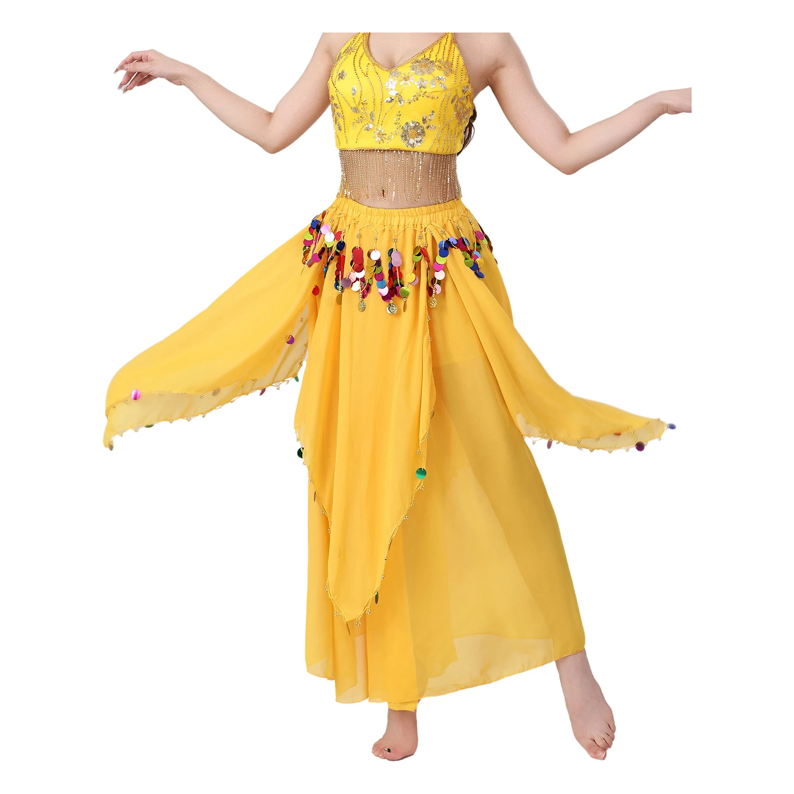 Vrouwen Lyrische Buikdans Prestaties Chiffon Rok Glittery Pailletten Kwastje Rok Danskleding voor India Folk Buikdanskostuums