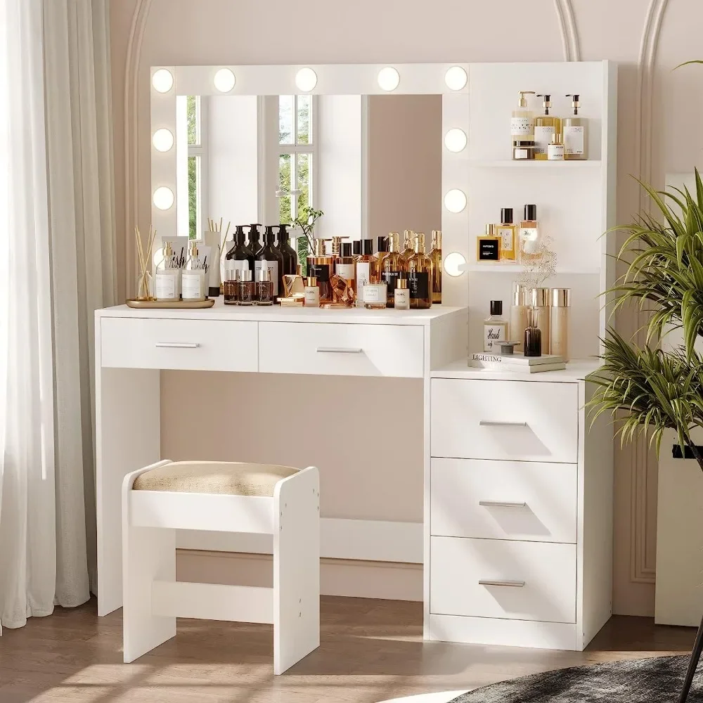 Dressing Table with Illuminated Mirror, Large Dressing Table with Storage Shelves and 5 Drawers, Bedroom Dresser