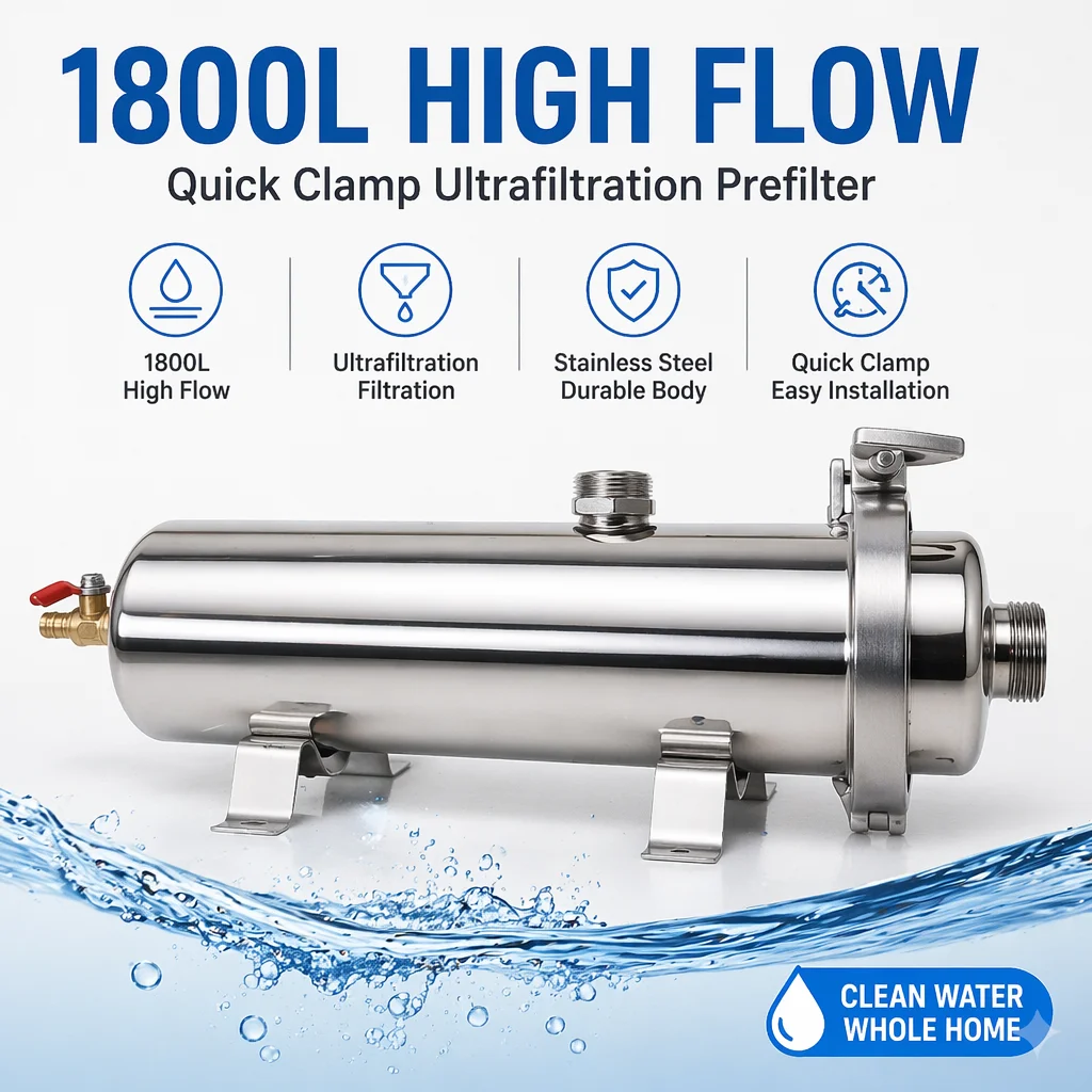 

Whole House 1800L/H UF Water Filter 0.01μm Stainless Steel Washable PVDF Membrane Purifier，No Power Needed，Easy Detachable