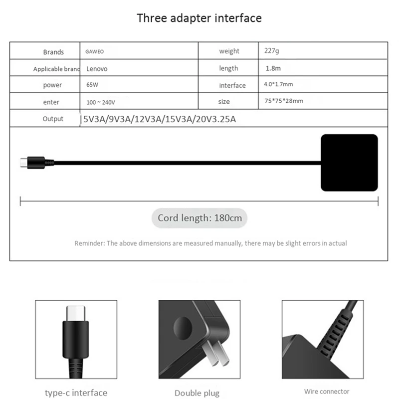 2X Suitable For Lenovo Square Notebook Portable Power Adapter 65W Type-C Port Pd Fast Charge Computer Charger US Plug