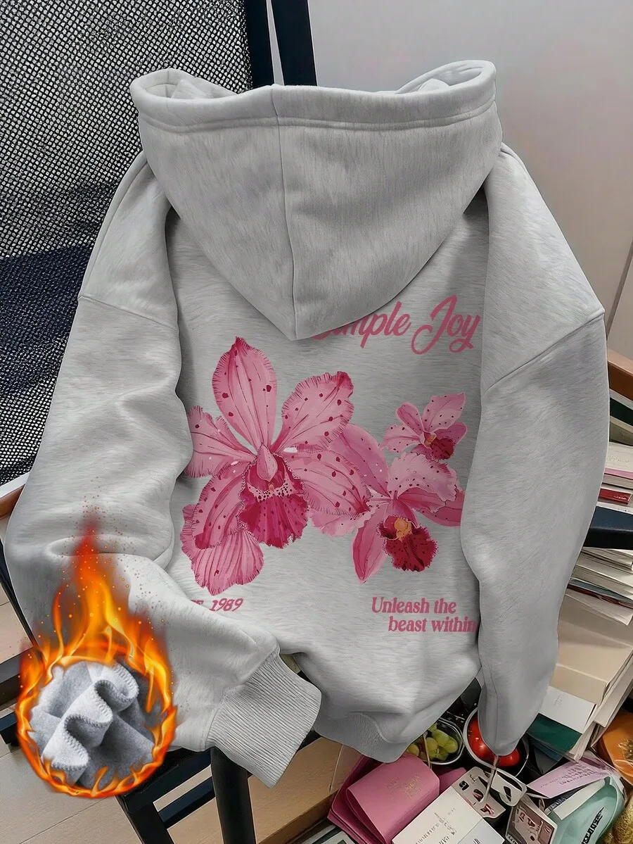 

Женская серая толстовка с цветочным принтом, капюшоном и завязками, свободного кроя, на теплой подкладке для зимы