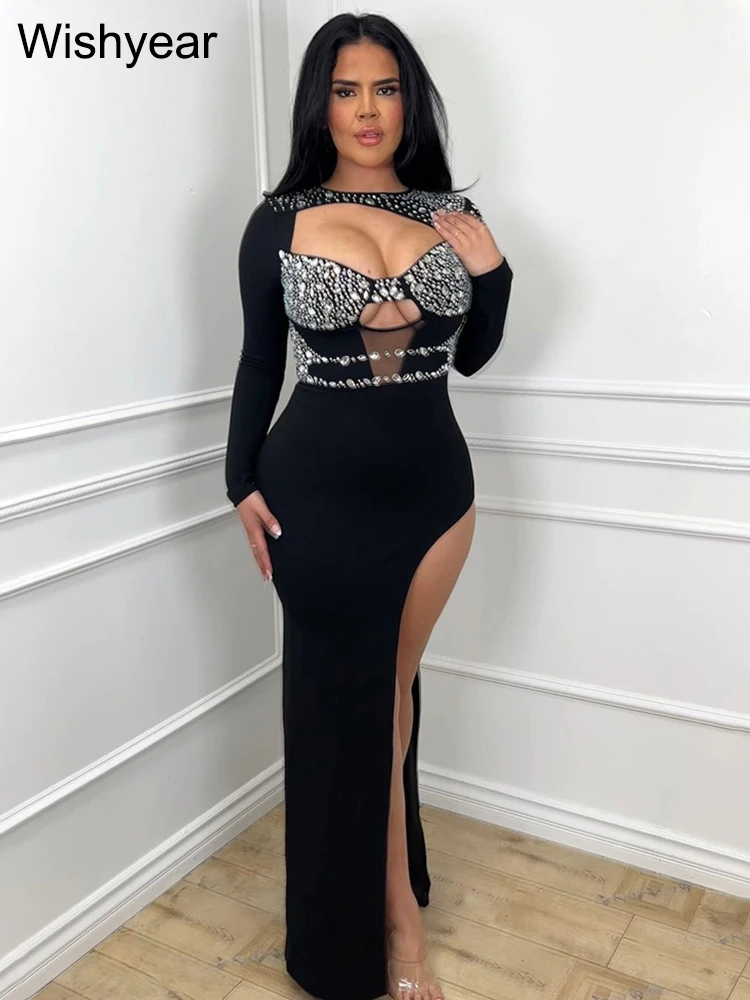 New Sparkly Crystals Wedding Party Prom Split Dresses Black Women Mermaid Long Sleeves Rhies Formal Evening Dress