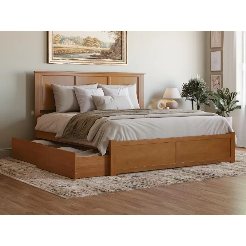 

Platform Bed with Footboard and Storage Drawers, Light Toffee