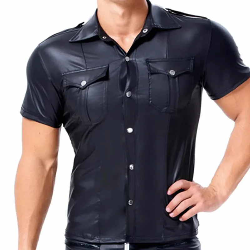 S-3xl men soft faux PU leather shirt Men tops button turn down collar slim fit men shirts ms40699