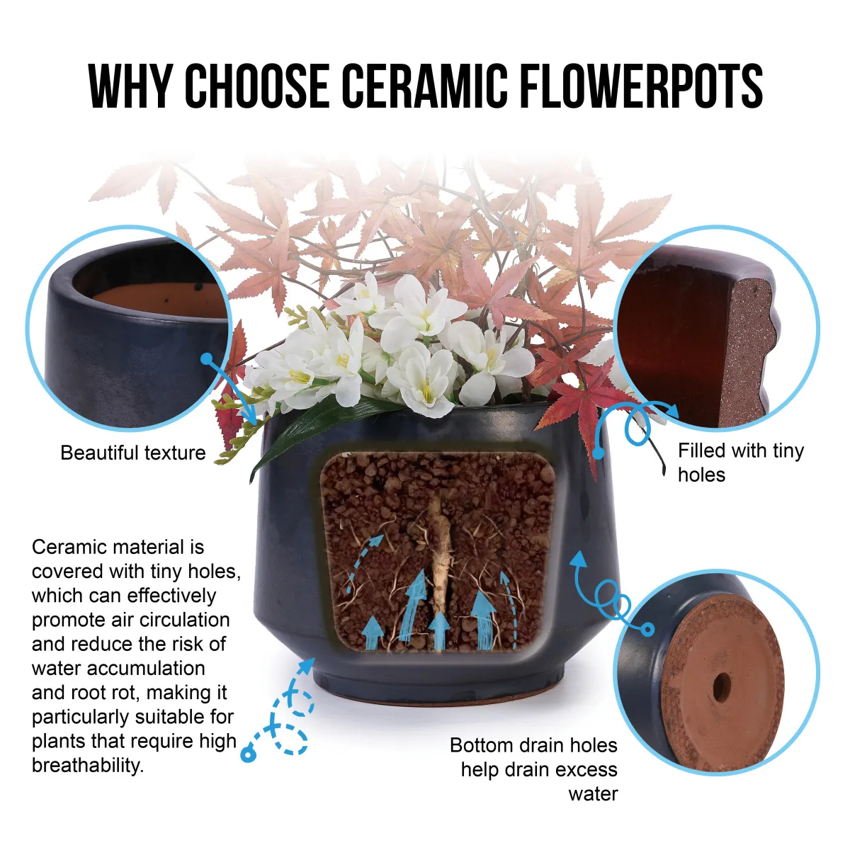 Handmade Black Matte Glazed Ceramic Planter Set of 3, 15/11/9 Inch Diameter, Textured Finish for Orchids & Begonias, Indoor/Outdoor Use on Windowsill & Bookshelf, Breathable Clay