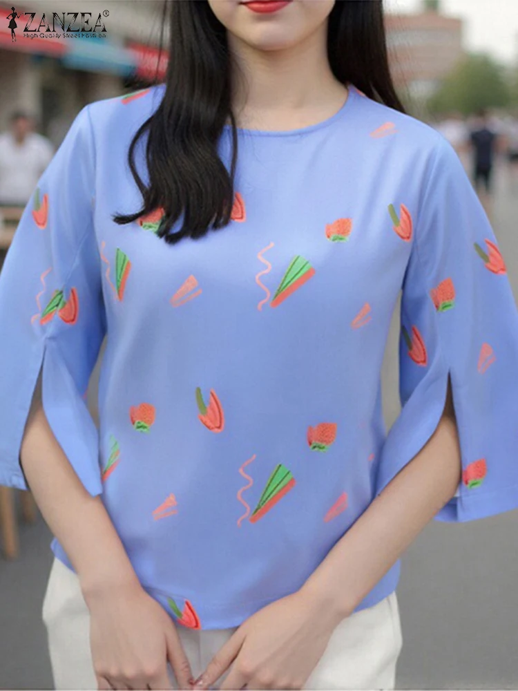 بلوزة نسائية من ZANZEA لصيف 2025 بأكمام 3/4 قمصان كلاسيكية مطبوعة موضة غير رسمية فضفاضة للعطلات بلوزات نسائية كبيرة الحجم