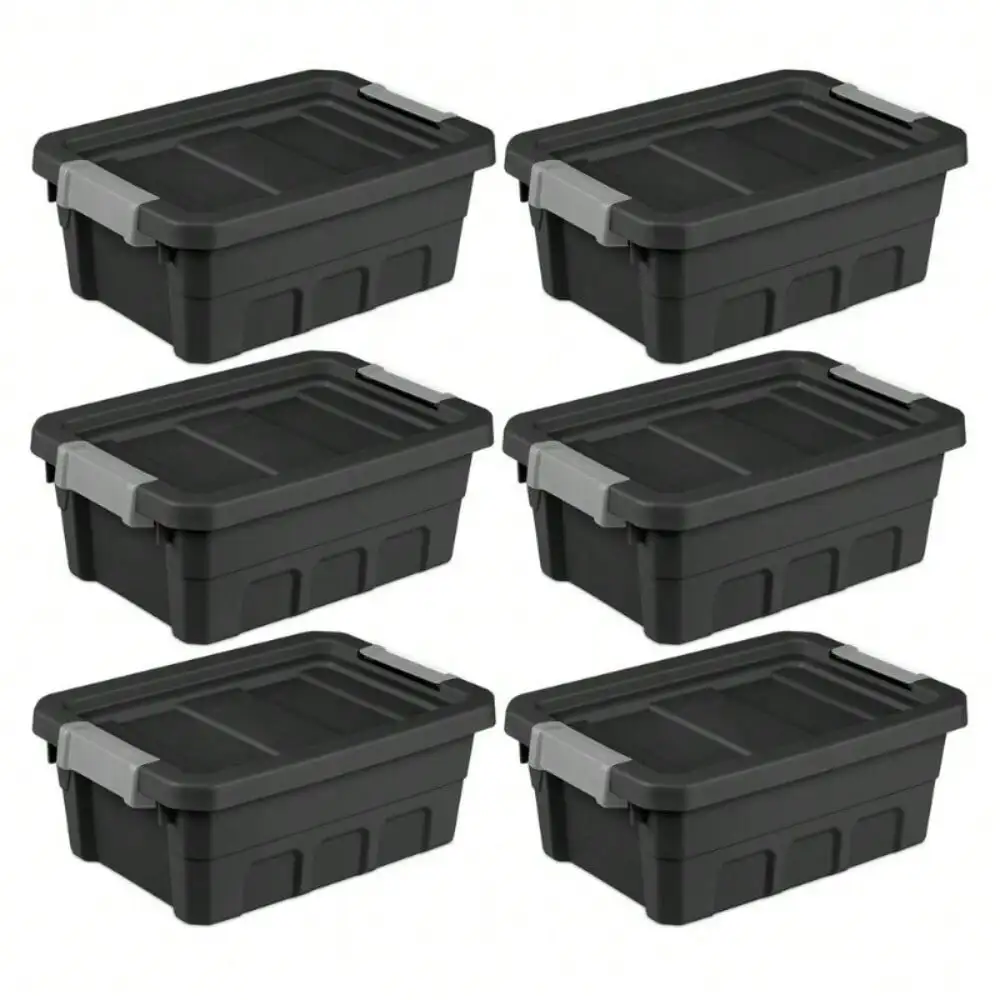 4 Gallon Industrial Storage Totes with Latch Clip Lids, Black (6 Pack)