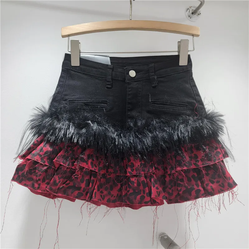 

Dark Black Frayed Edge Denim Patchwork Red Leopard Layered Cake Skirt, Low Waist Hot Girl A-Line Pleated Short Skirts