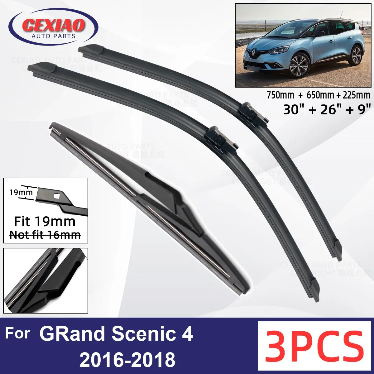 

For Renault GRand Scenic 4 2016-2018 Car Front Rear Wiper Blades Soft Rubber Windscreen Wipers Auto Windshield 30"+26"+9" 2017