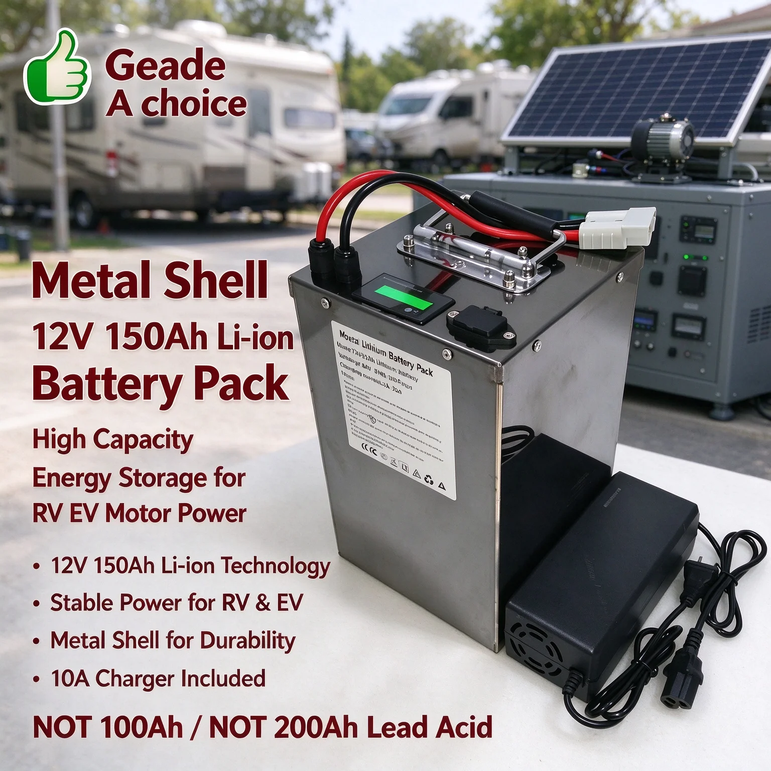 Metal shell 12v 150Ah li-ion battery pack not 100Ah 200Ah lead acid for RV EV motor power storage energy + 10A charger