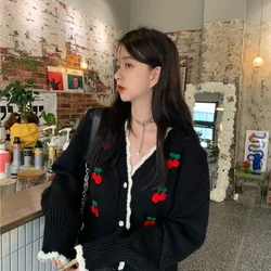 Cartoon Cherry Sweet Knitted Cardigan Women Basics V-Neck Cardigan Female Long Sleeved Knitted Loose Cardigan Autumn Winter