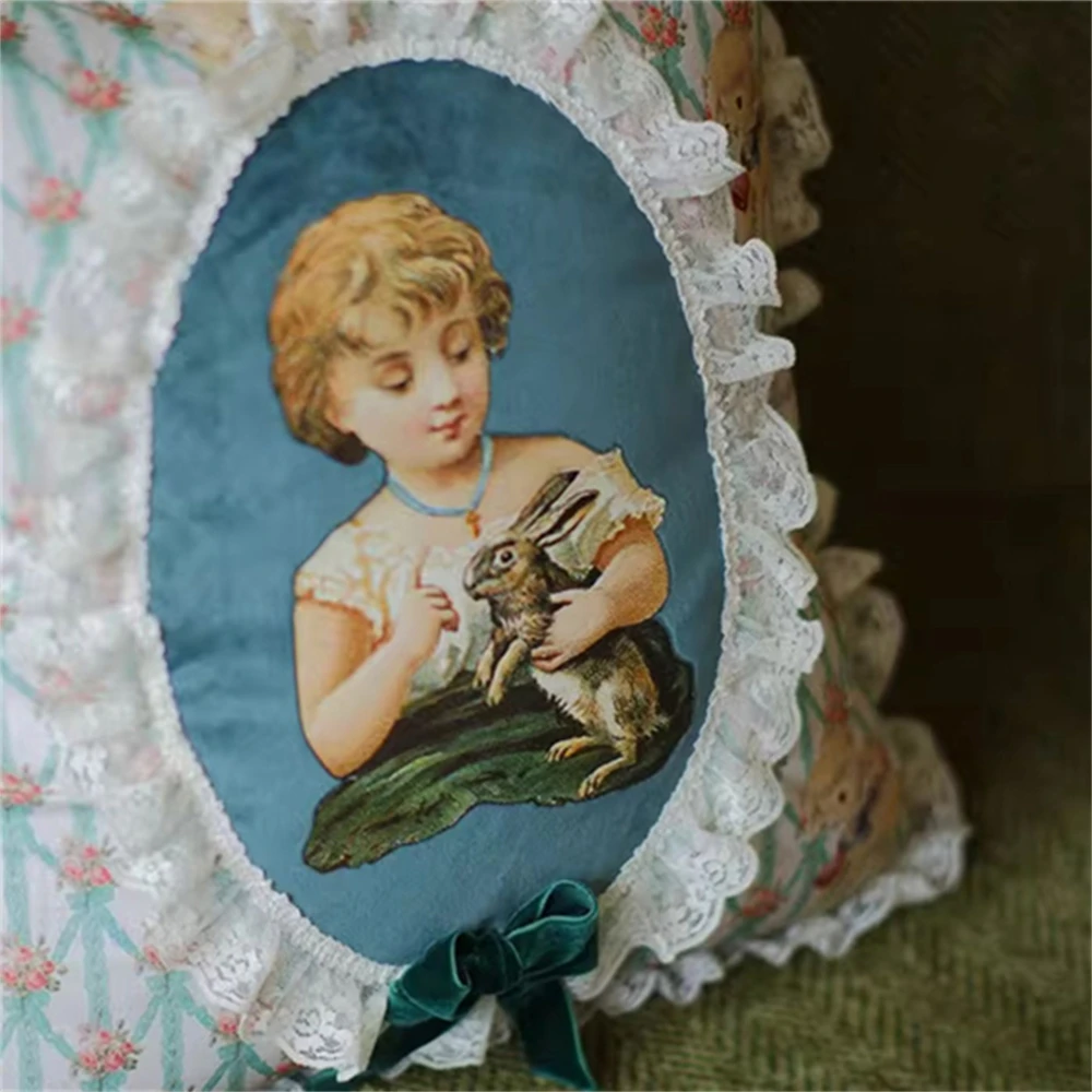 French Ruffle Edge Sofa Pillow Home Decoration Retro Cushion Cotton Velvet Removable Washable Printed Pillow 40cm x 40cm