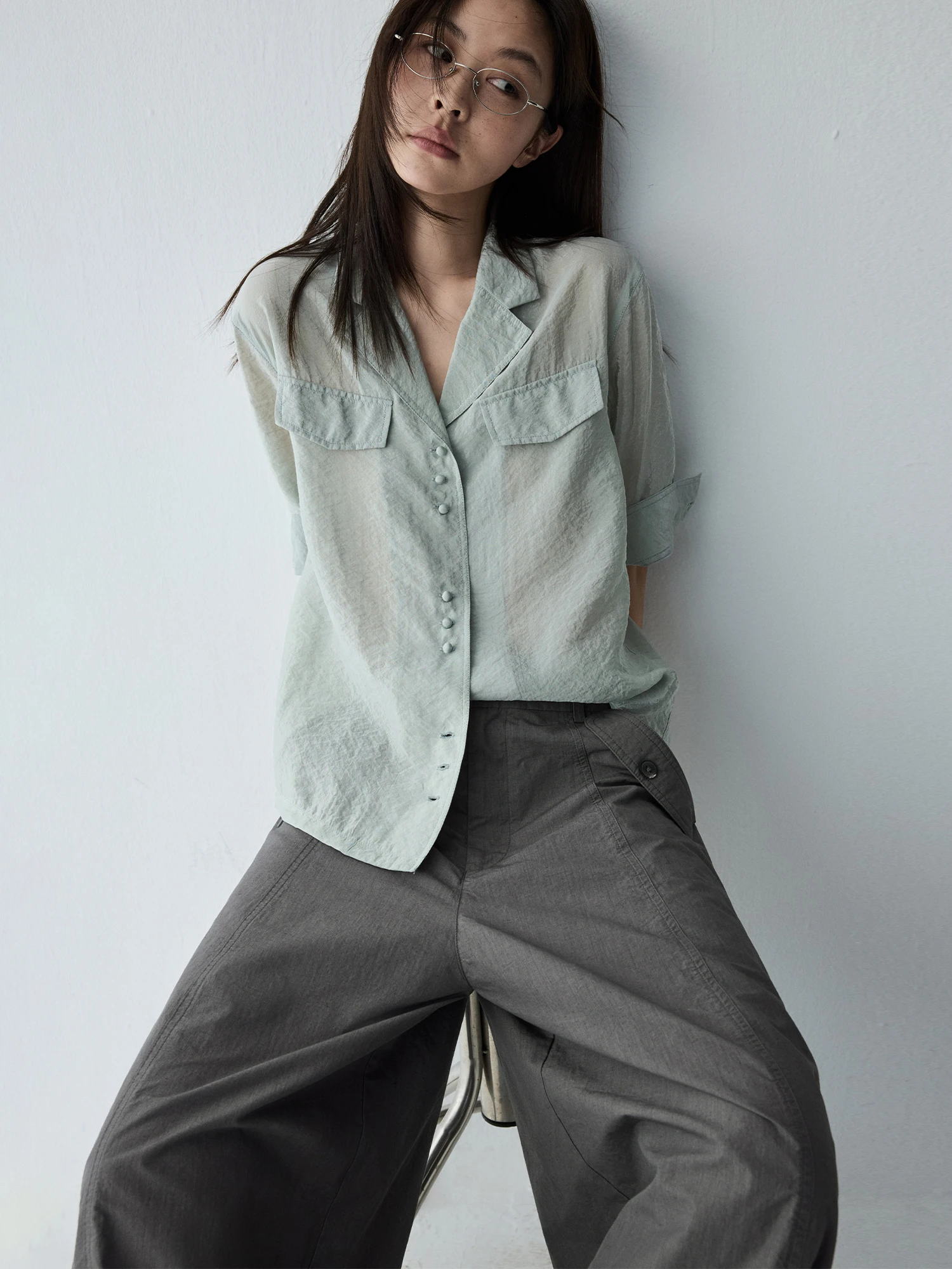 

HaveRice Restaurant Mist Green Short Sleeve Shirt Vintage Glossy Collar Lightweight Commute Grey Green Casual Loose Fit Women...