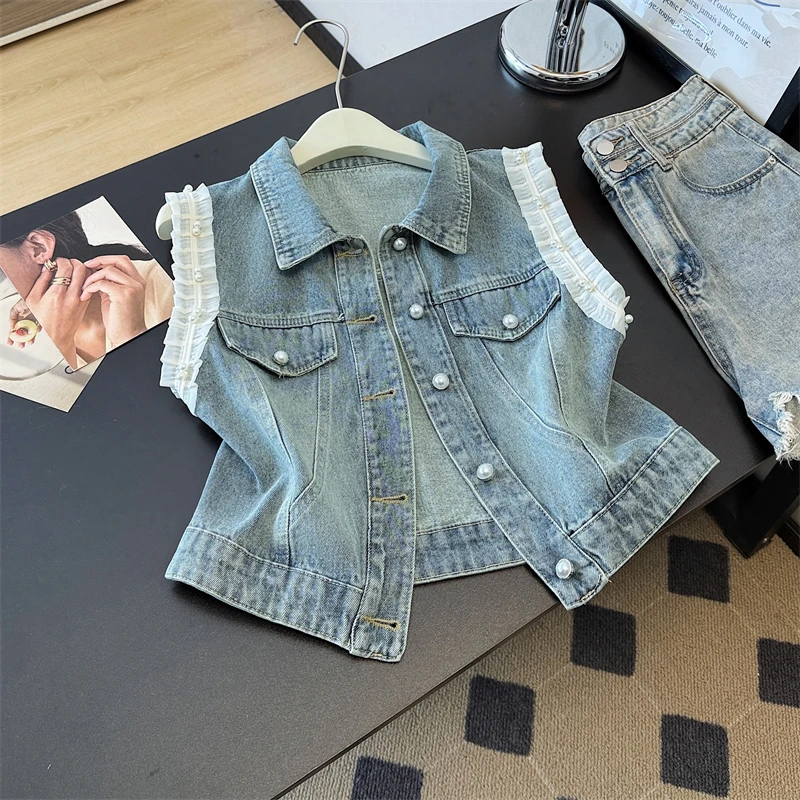 

Fashion Beaded Ruffles Patchwork Cowboy Vest Women Summer New Lapel Single-Breasted Sleeveless Female Slim Short Jeans Waistcoat