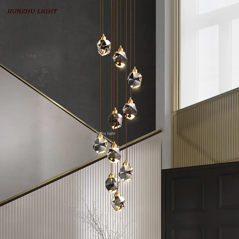 Copper Luxury Crystal Chandelier for Staircase Villa Hollow Nordic Living Room LOFT Penthouse Inclined Ceiling Chandelier