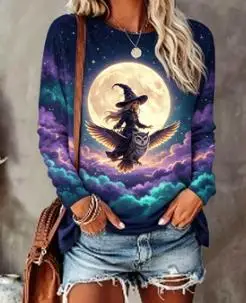 Women Long Sleeve T‑Shirt Halloween Flying Witch Moon Starry Sky Print Crew Neck Loose Casual Holiday Blouse Tops