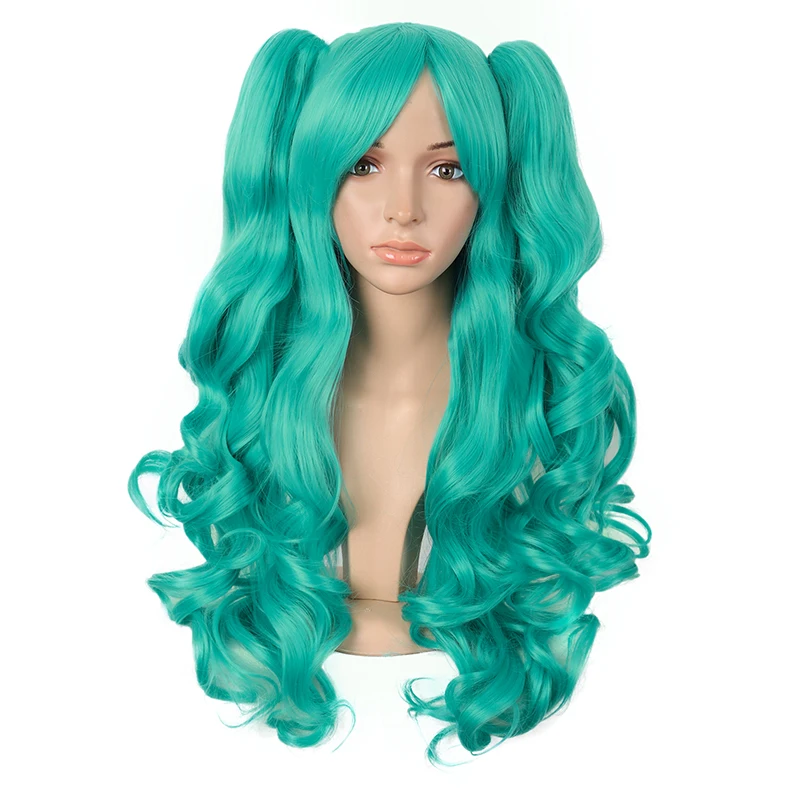 Cos Wig Female Long Curly Lolita Grip Pairs Ponytail Big Wave Green Anime Full-Head