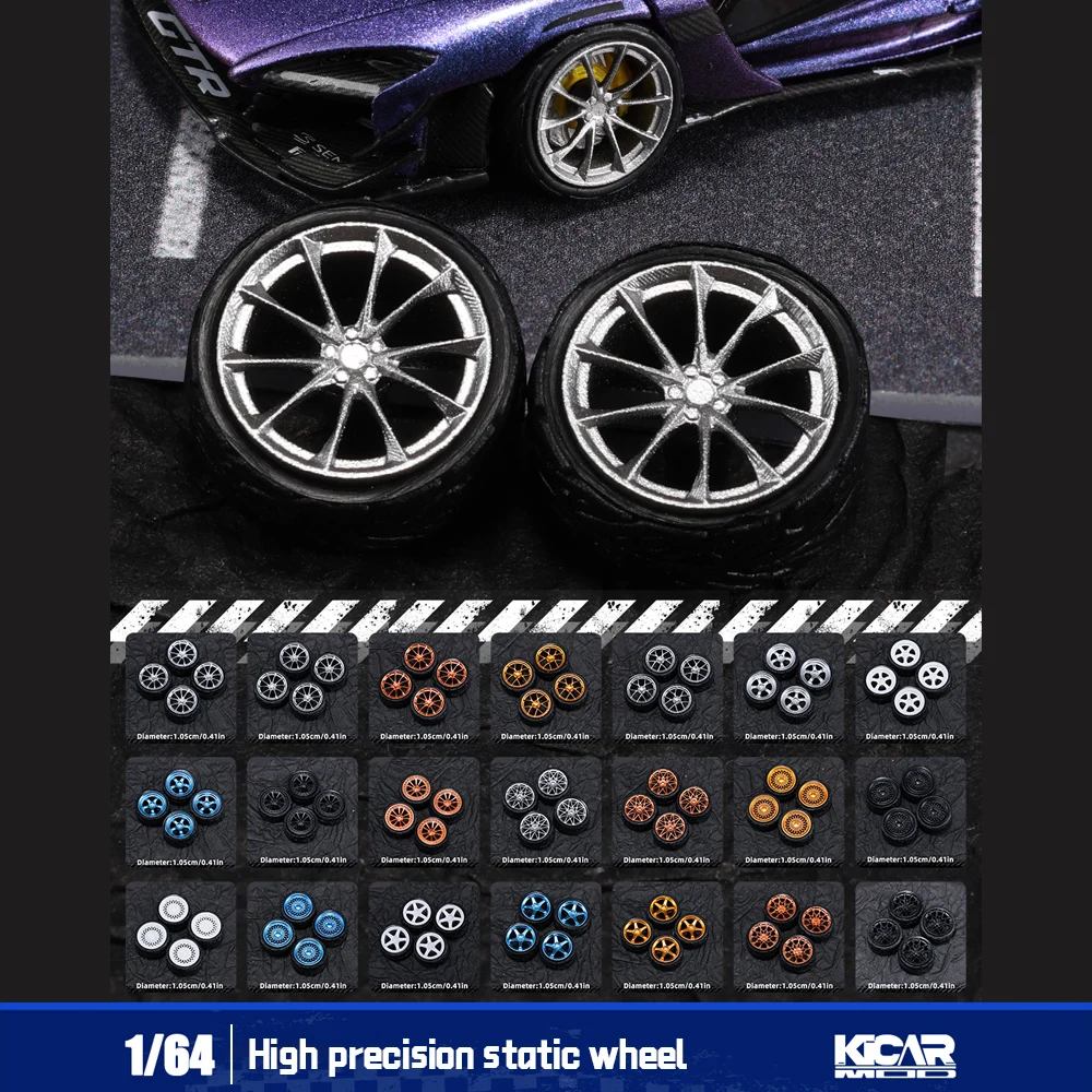 Kicarmod 1/64 Resin Wheels & Brake Calipers – 10.5mm Rubber Tires Racing Rims for Diecast Model Cars, Multiple Styles Optional