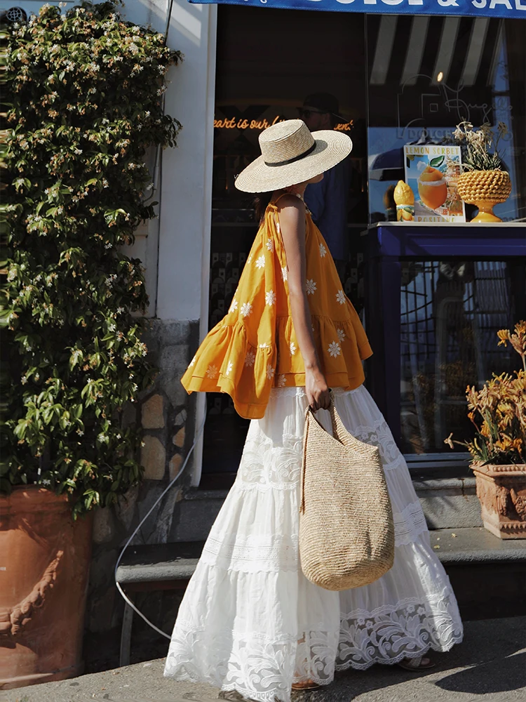 Tiyihailey saia longa maxi para mulheres renda branca malha retalhos saias senhoras cintura elástica, primavera verão nova moda 2025 uma linha