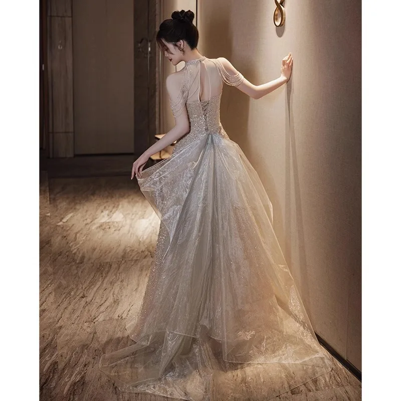 Champagne Color High-End Cany Annual Dinner Host Evening Gown Women's Collar Sequin Luxury Sensation Dr