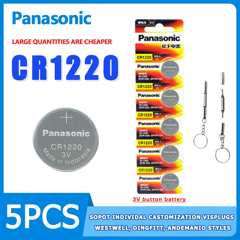 Panasonic 5PCS CR1220 35mAh 3.0V Button Battery Suitable for DSLR Kia Yueda Car Key Remote Control Quartz Watch Non-rechargeable