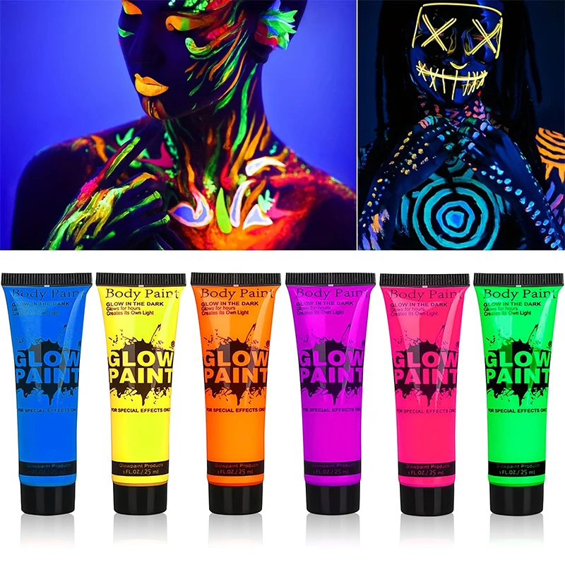 6 Colors/Set Quicker Dry Glow in The Dark Body and Face Paint for Halloween Parties Washable Fluorescent Makeup Music Festival