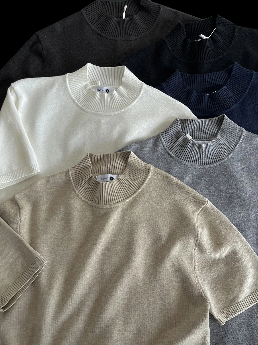 

Корейский стиль: вязаный свитер с полувысоким воротником и коротким рукавом, мягкий, дышащий, влагоотводящий, антибактериальный, городской стиль