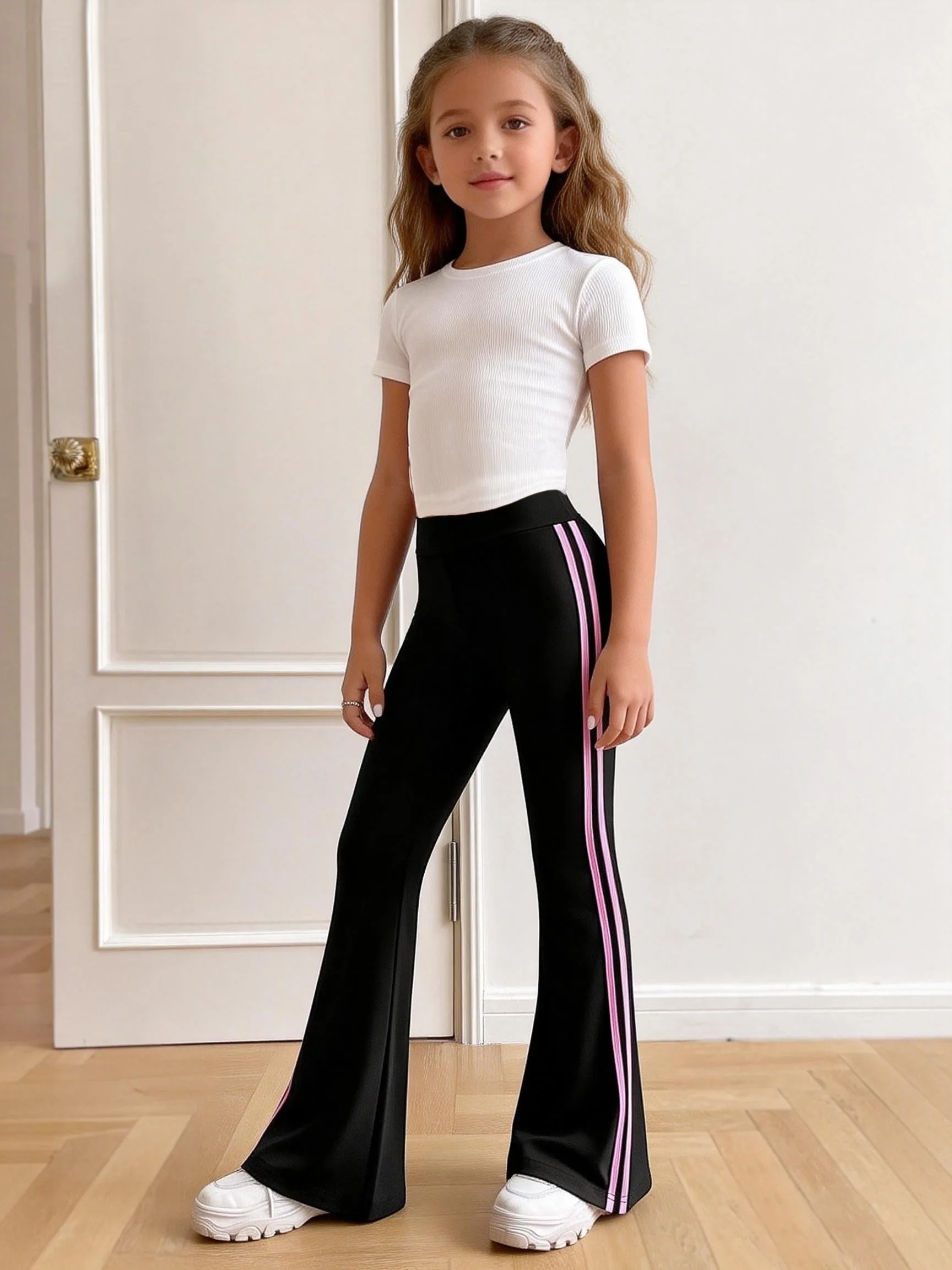 Trendy Girls 1Pcs Y2K Casual Bell Bottoms, Elastic High Waist Dual Pink Side Stripe Slim Flare Leg Pants for Street Campus Daily